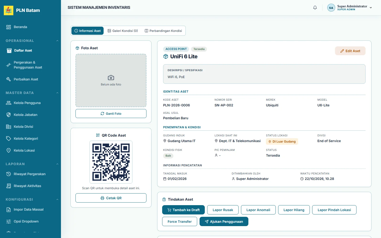 Detail aset individual dengan QR code, penempatan, dan tindakan