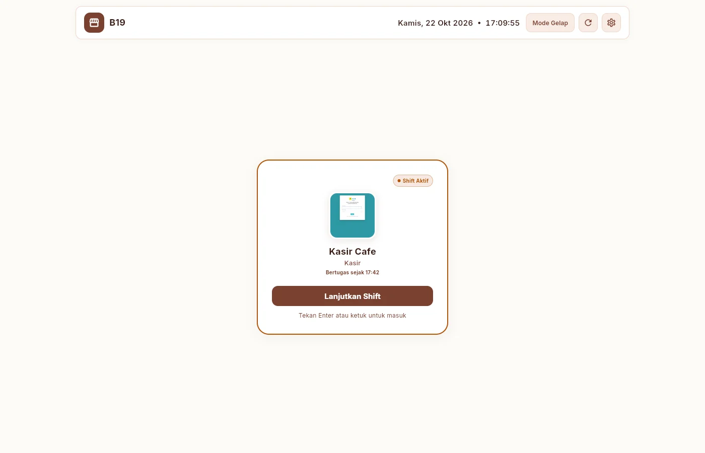 Layar lanjutkan shift kasir dengan PIN 6 digit