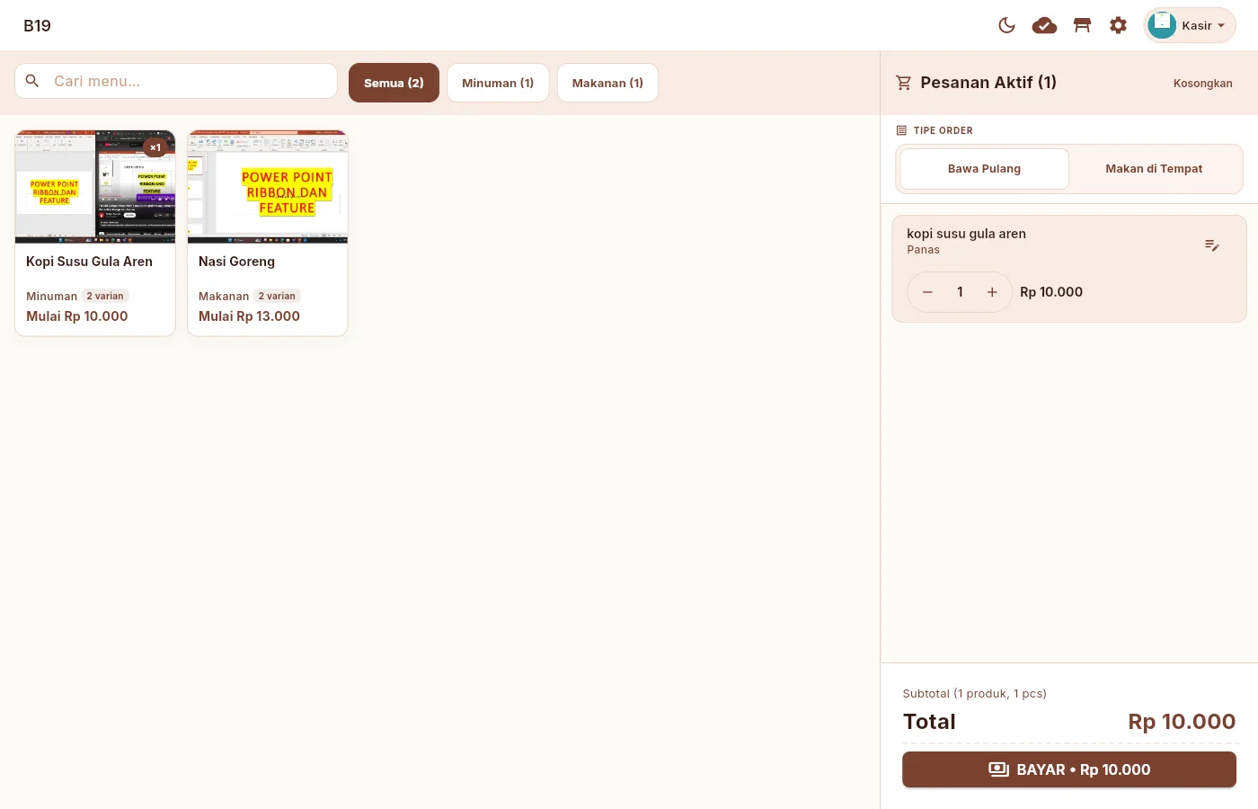 Aplikasi kasir Flutter: katalog menu dan keranjang pesanan aktif